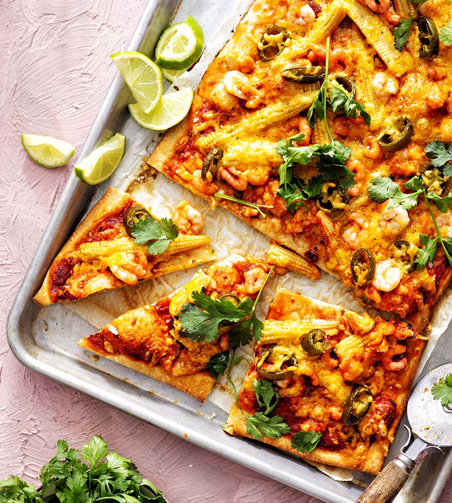 Pizza rustiek met garnalen - Tante Fanny rustiek pizzadeeg