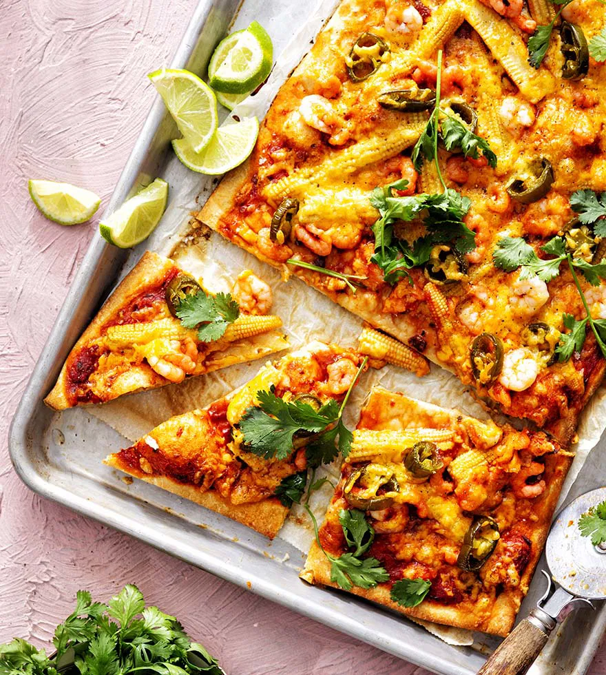 Pizza rustiek met garnalen - Tante Fanny rustiek pizzadeeg