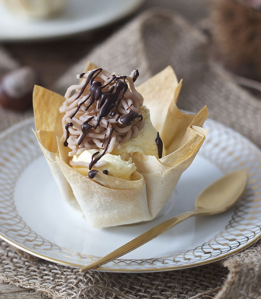 Rezept Teigkörbchen mit Maroni, Vanilleeis und Schokolade Tante Fanny
