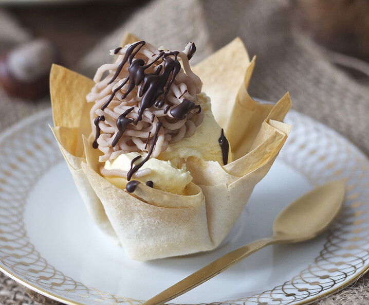 Rezept Teigkörbchen mit Maroni, Vanilleeis und Schokolade Tante Fanny