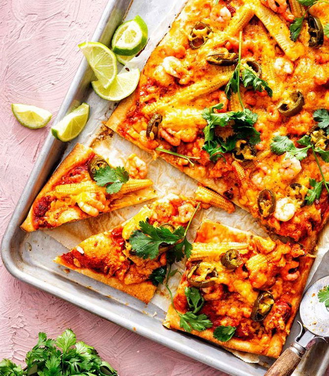 garnélás-cheddar sajtos pizza